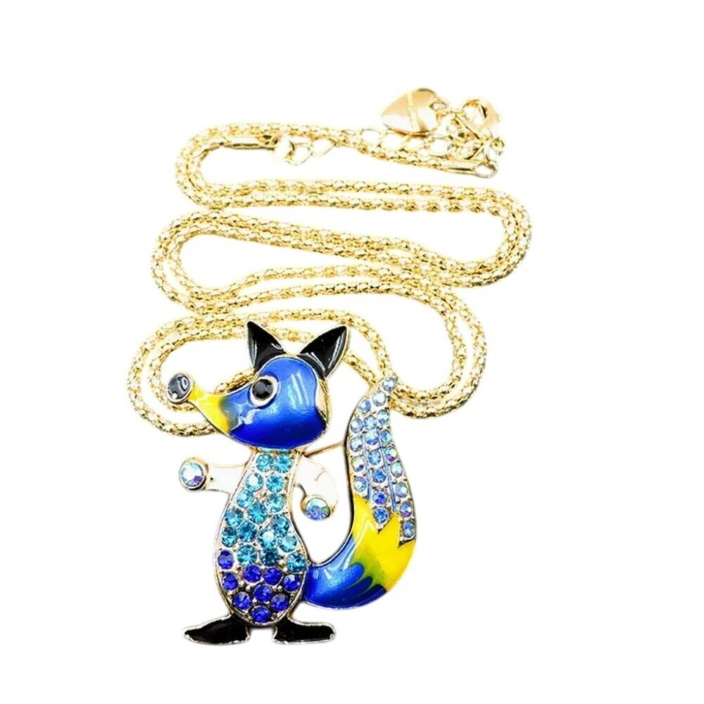 Betsey Johnson Necklace Blue Crystal Fox Pendant Gold Tone